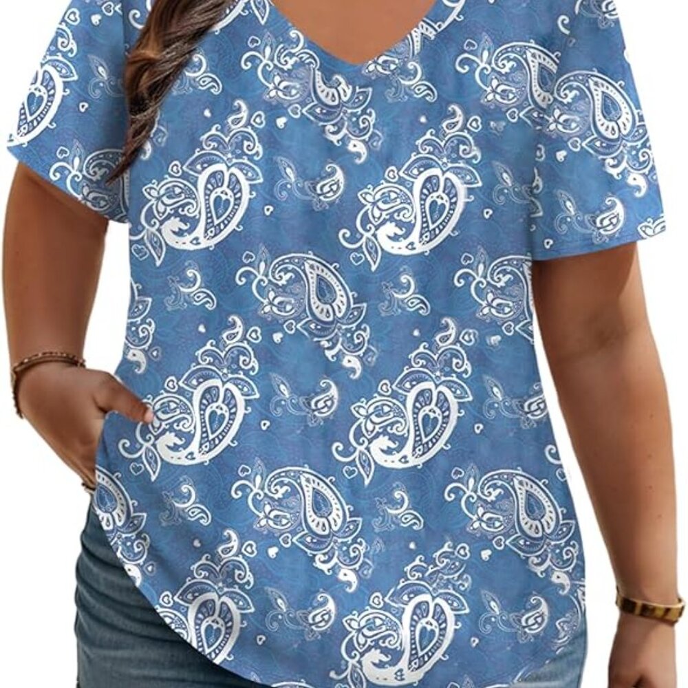ROSRISS Tunic Casual V Neck Short Sleeve Blouse Sz 22W Blue White Paisley Print